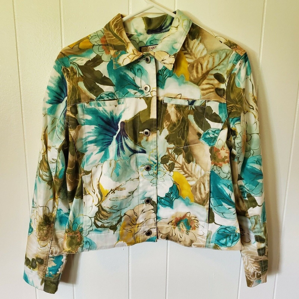 Caribbean Joe Petite Medium Let Go PM Printed Jean Jacket Pockets Adj Waist Soft